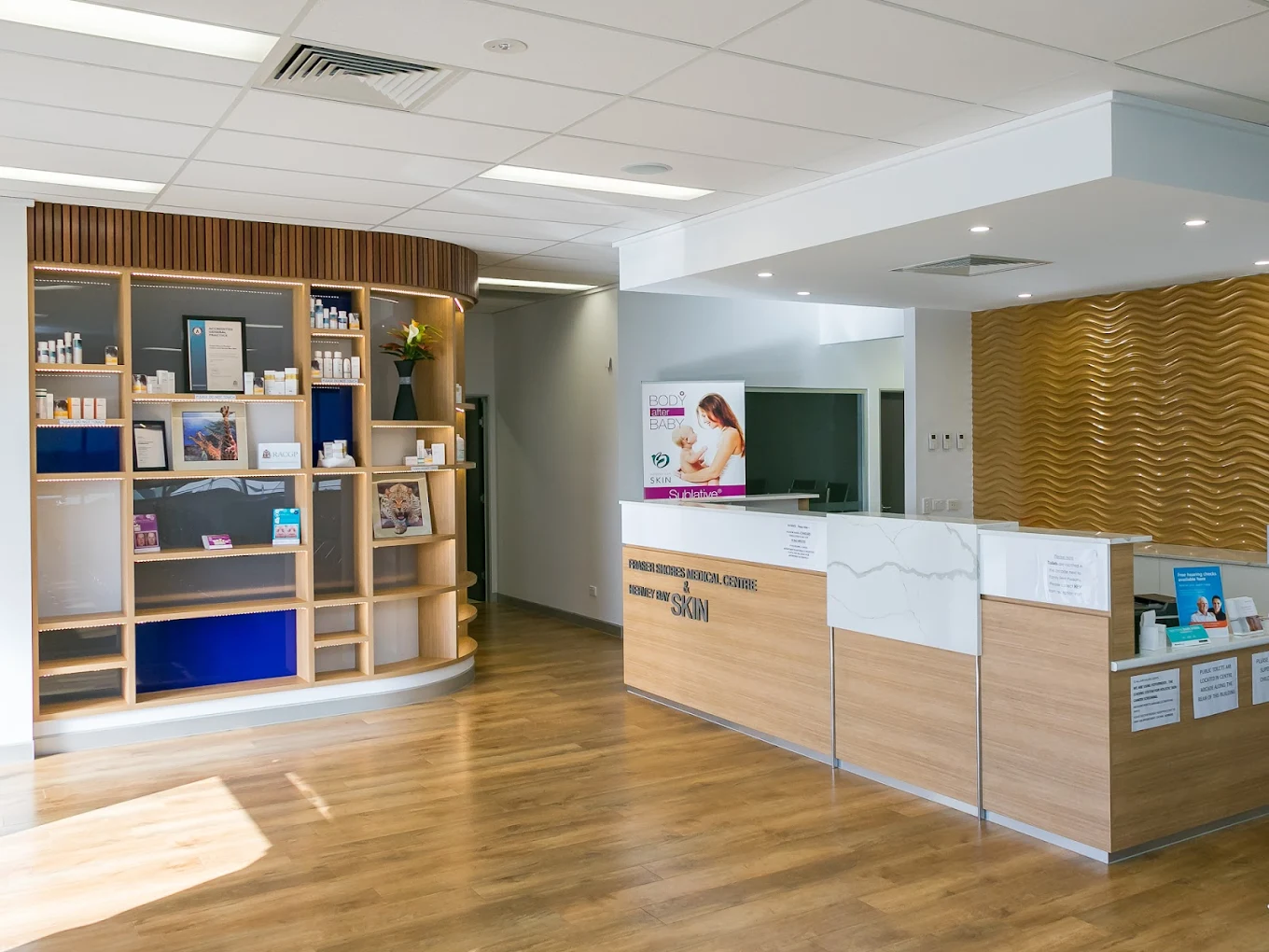 The light-filled reception at Fraser Shores Medical Centre